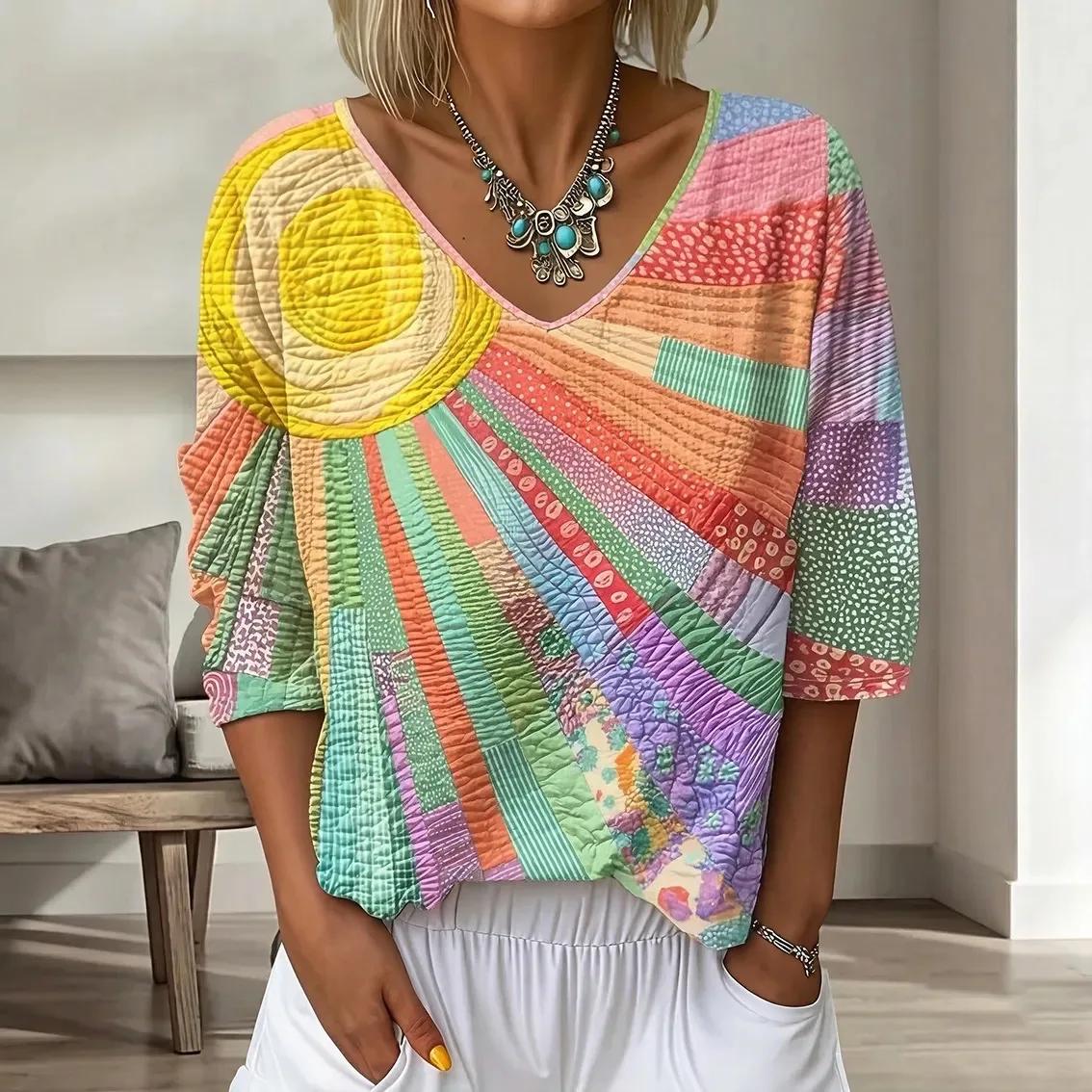 

Summer Fashion T-Shirts Loose V-Neck Pullover Women Elegant Retro Printed Short-Sleeved Casual Weekend Daily Tops XXL жовтий