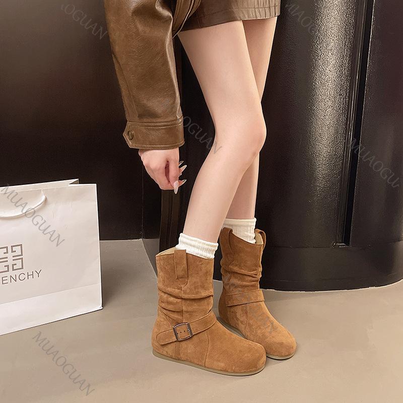 Fashion Retro Stacked Boots Internal Height 3cm Women Autumn Shoes Suede Flat Bottom Casual Slip on Metal Buckle Soft Ankle Boots Female