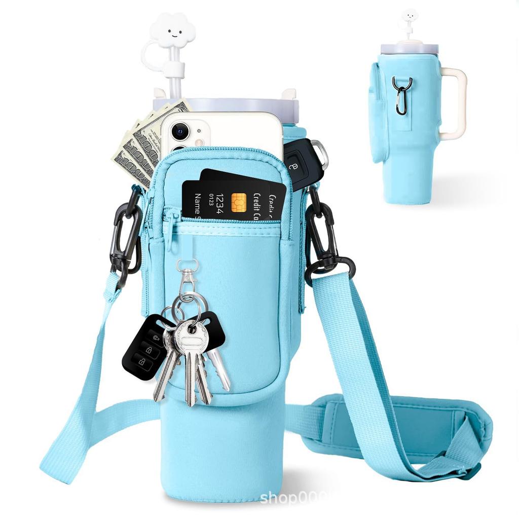 Water Bottle Carrier Bag with Phone Pocket for Stanley 40/30 Oz Tumbler Neoprene Water Bottle Holder Pouch with Adjustable Strap Bollus