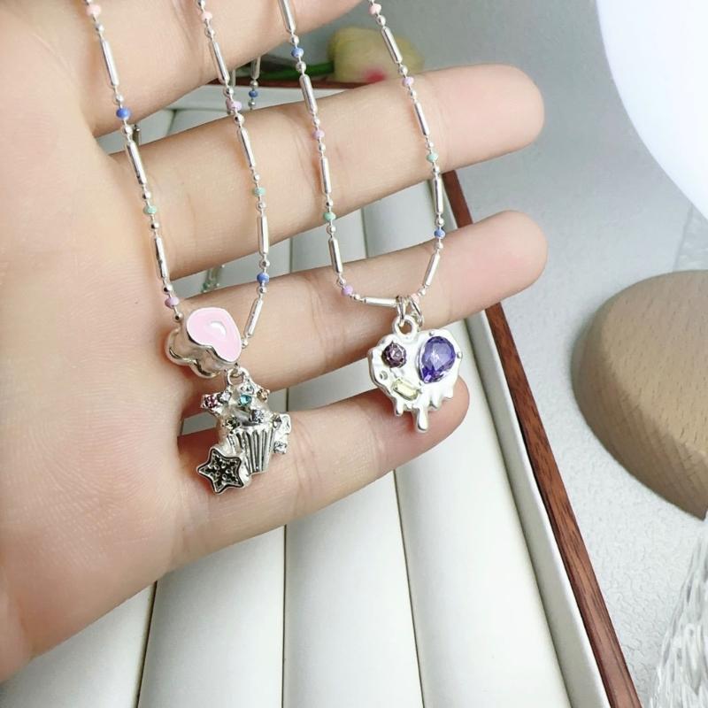Colorful Oil Drop Zircon Heart Necklace Party Jewelry for Women Couples Collarbone Clavicle Chain Sweet Pendant Chokers