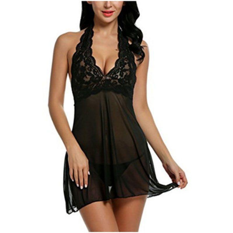 

Очаровательное Женское Сексуальное Кружевное Платье-Ночнушка Бэби Долл С Бретелькой на Шее Пэчворк Кружево Ночная Одежда L чёрный