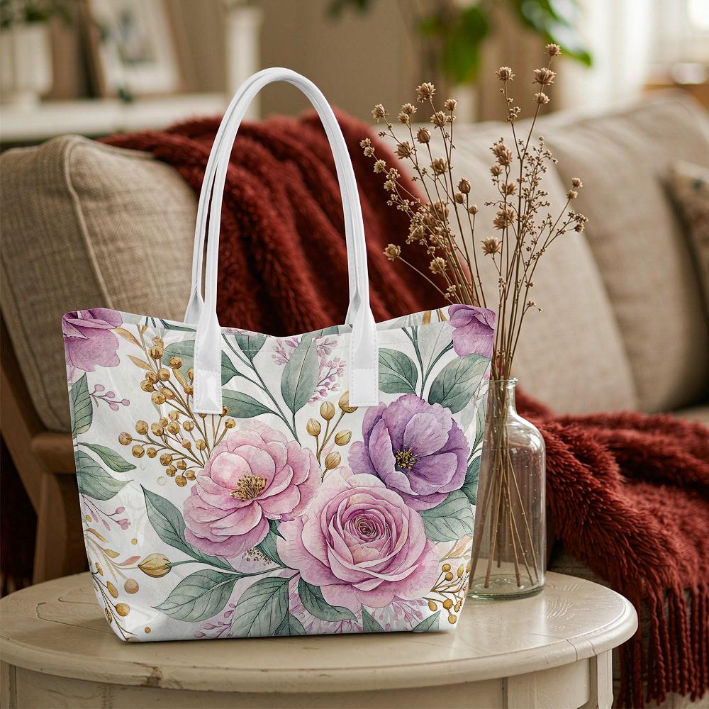 Elegant Watercolor Floral Print Large Tote Bag for Women Daily Use Shopping Travel Fashion Shoulder Handbag