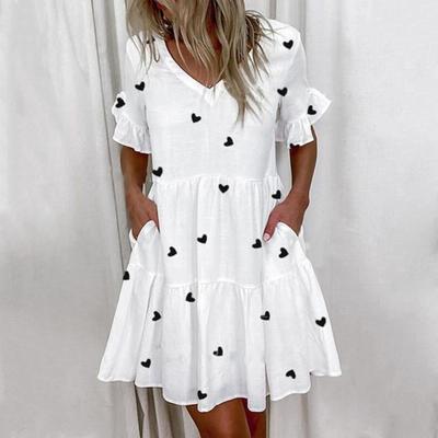 Summer Women Dress V Neck A-line Loose Hem Printed Patchwork Short Sleeves Side Pockets Pleated Ruffle Casual Daily Mini Dress