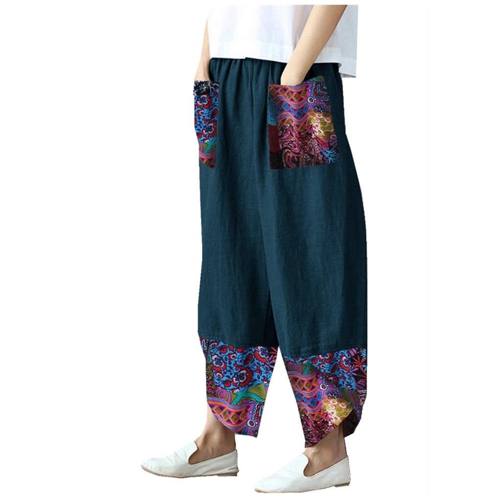 Women Casual Cotton Linen Print Patchwork  Irregular Loose Wide Leg Pants