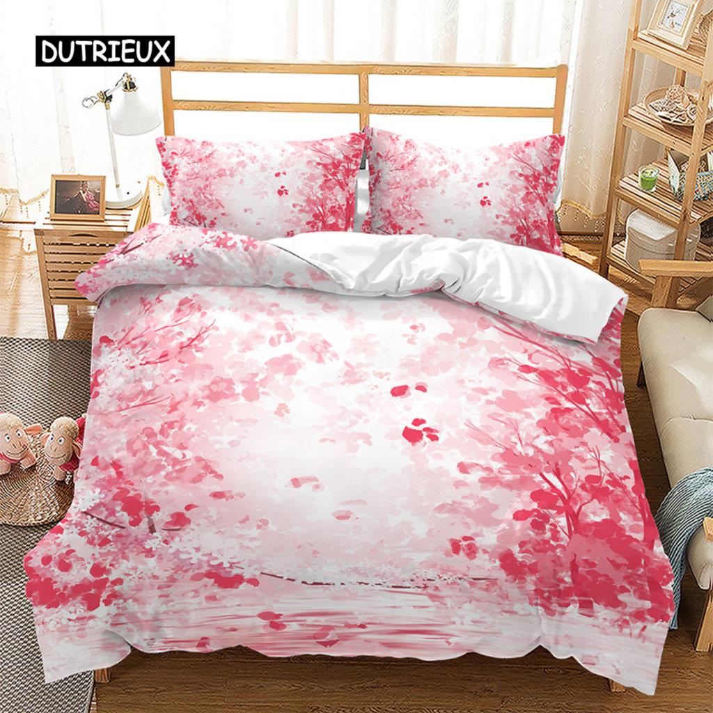 Pink Floral Duvet Cover Japanese Cherry Blossoms Japanese Style Theme Bedding Set Spring Landscape Quilt Cover for Girl Decor