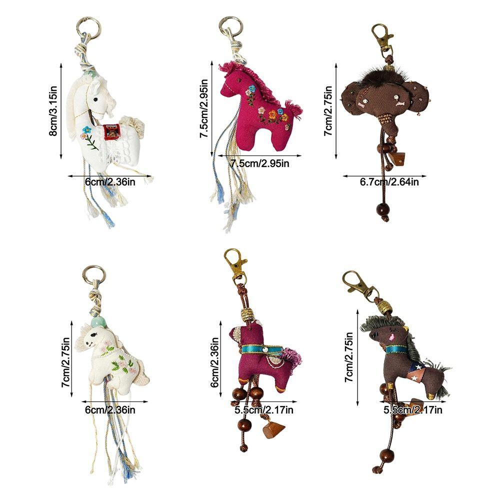 Cute Retro Pony Keychain Fabric Embroidered Key Holder Handmade Elephant Pony Pendant Gift