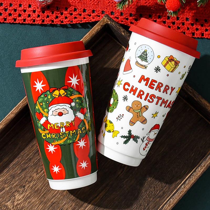 Christmas Ceramic Casual Cup with Lid Snowman Old Man New American Coffee Cup Water Cup High Cup Gift Milk Tea Cup