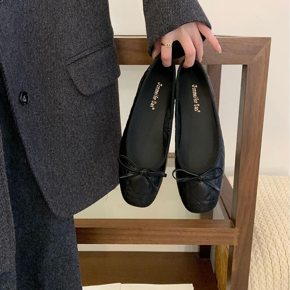 

2025 new round head bow inner slope heel shallow mouth versatile soft sole foot plaid women s single shoes 39 чёрный