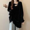 Plus Size Golden Velvet Rhinestone Hollow Long Sleeve Top - 2025 Early Spring Trendy Loose Slimming Base Layer