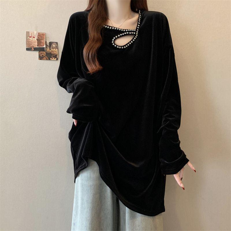 

Plus Size Golden Velvet Rhinestone Hollow Long Sleeve Top - 2025 Early Spring Trendy Loose Slimming Base Layer XL чёрный