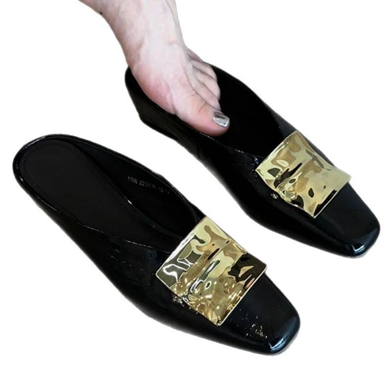 Sheepskin version~ Metal square buckle high-end leather square head half slippers women's retro one-pedal flat-bottomed bag head sandals