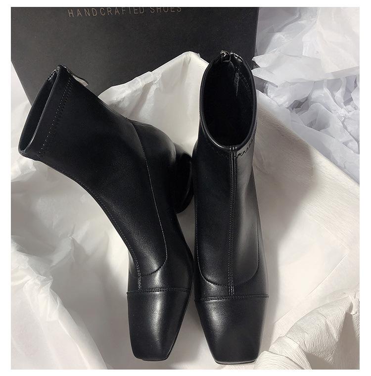 Martin-støvler firkantet tupp tykk hæl korte støvletter dame vår og høst enkeltstøvletter ny internett-kjendis tynne støvler liten duftende fransk kort