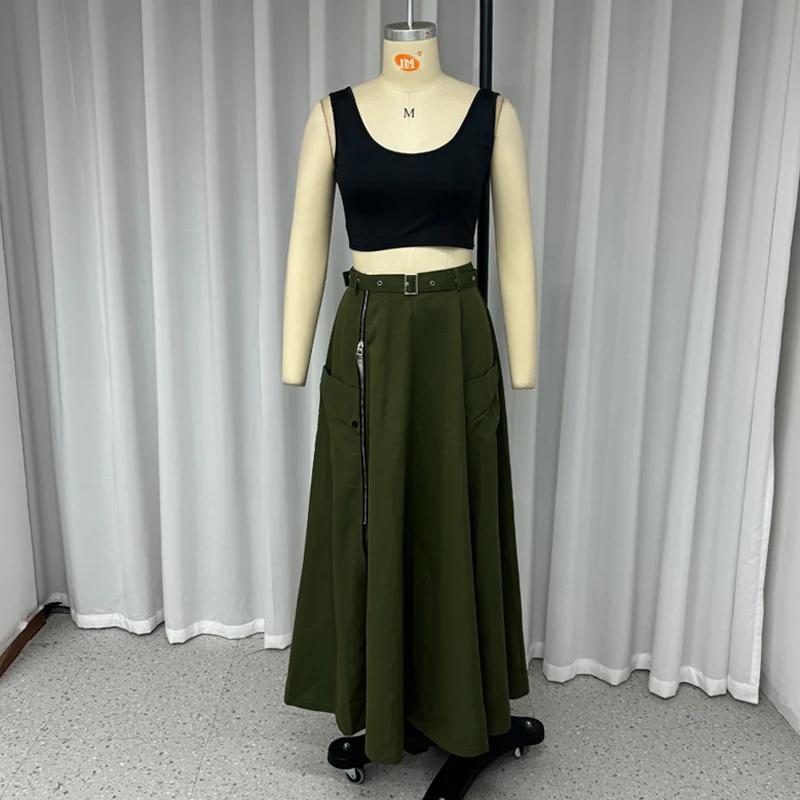 2 Piece Set Women Stylish Solid Round Neck Sleeveless High Waist Vest Slim Top Loose With Pockets Zipper Long Skirt Sets Spring Summer 2024 New