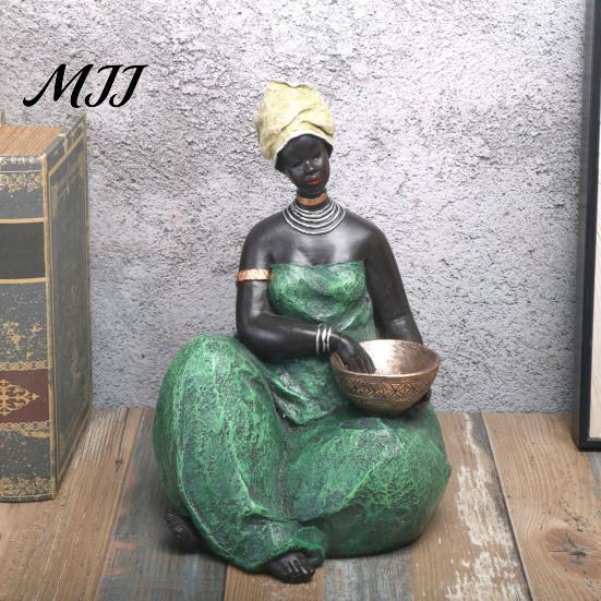 Sitting African Character Lady Figurine, Resin Ethnic Sitting/Standing Woman Statue, Hand-Painted Bohemian Home Decor for Tabletop Art Decoration