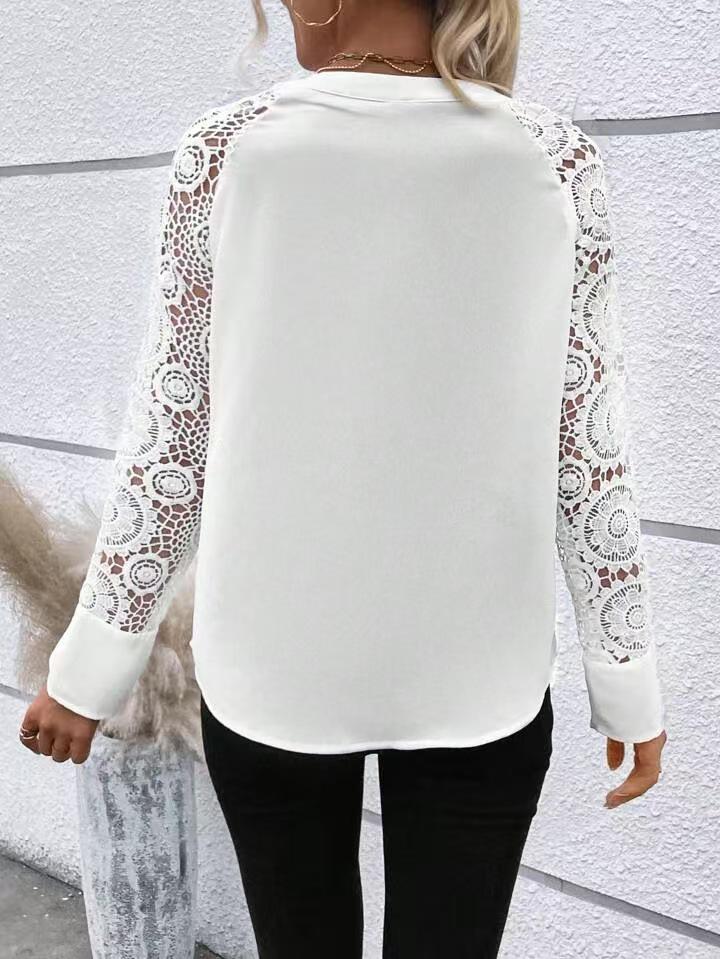 Women's Patchwork Lace Long-Sleeve V-Neck Shirt for Spring/Summer