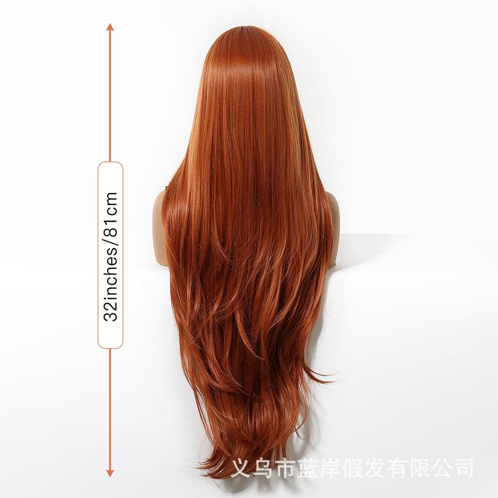 Neue Orange Perücke Damen Vollkopfbedeckung Mittlere Spitzen Hochwertige Mikrolocken Langes Glattes Haar 32 Zoll Urlaubs-Chemiefaserhaar