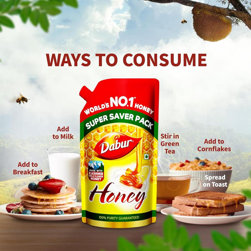Dabur Honey 750g Refill Pouch | 100% Pure Natural Honey For Daily Wellness, Fitness, Immunity & Weight Management | No Added Sugar, Rich Antioxidants