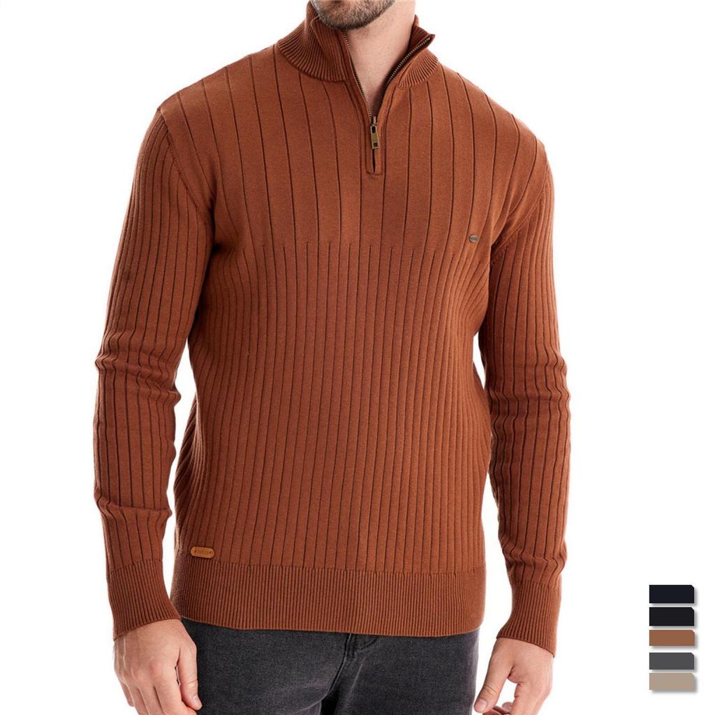 Men's Khaki Half Zip Knit Sweater High Neck Ribbed Cuffs Casual Pullover