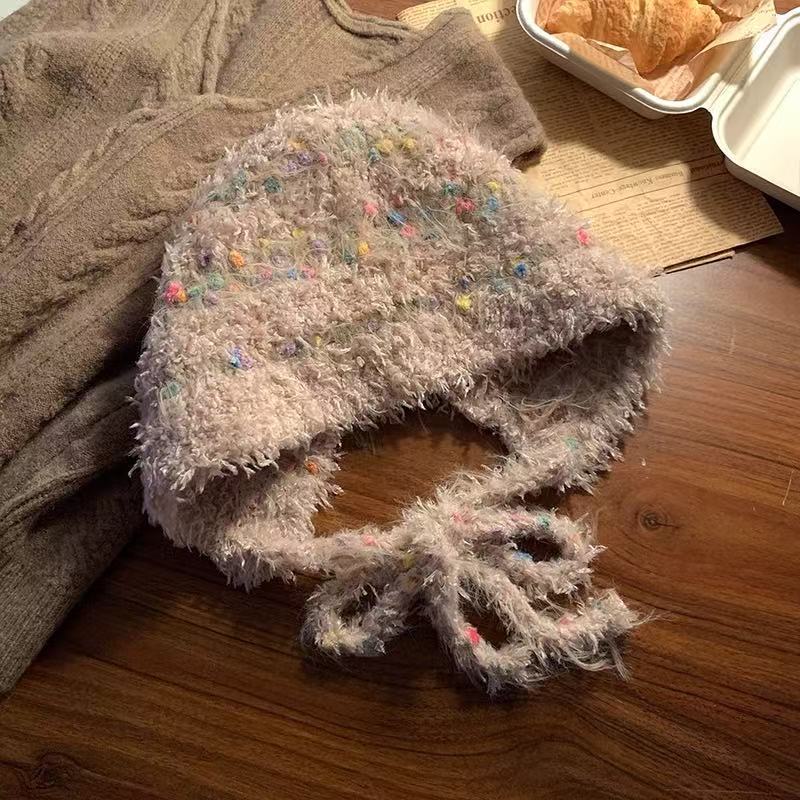 Hat winter warm ear protection wool hat cute sweet travel wool hat show face small cold protection pullover hat