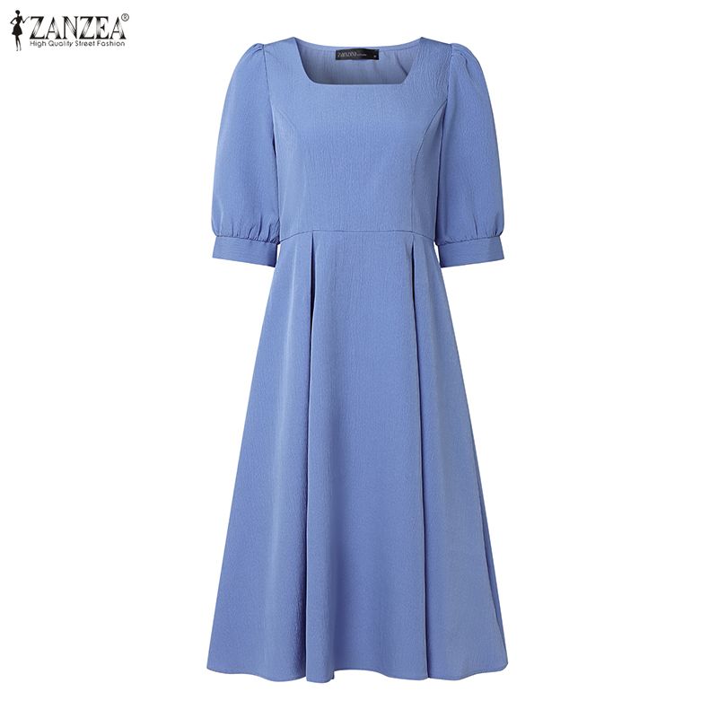ZANZEA Women Casual Square Collar Summer Half Sleeve Dress