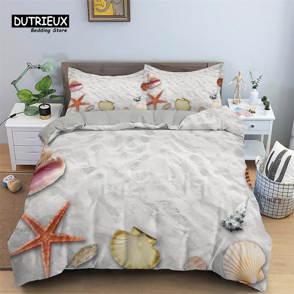 Seestern Muschel Strand Bettwäsche Set Mikrofaser Küste mit Sand mit buntem verschiedenen Muscheldruck Bettbezug Schlafzimmerdeko