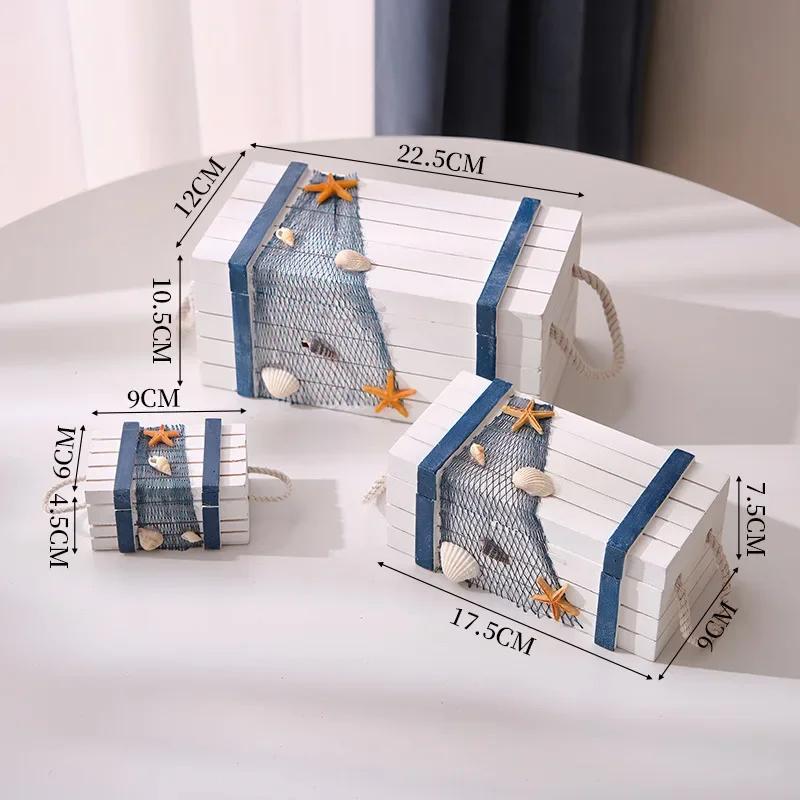 

Decorative Keepsake Chest - Set of 3 Jewelry Storage Box Antique Wood Storage Boxes with Rope Pulling and Shell Decoration білий