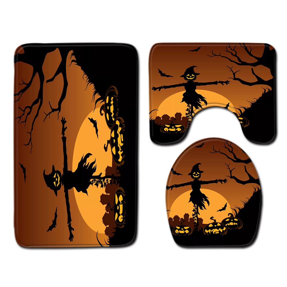 Halloween Duschvorhang Bodenmatte Kombination Vierteilige Haushalts-Fußmatte Schlafzimmer Rutschfester Teppich