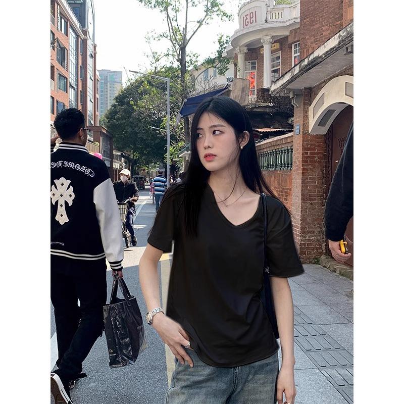 

Футболка с U-образным вырезом, женская, с короткими рукавами, белая, с открытыми плечами, лето 2024 г., большой вырез, свободная, утягивающая, с внутренней стороны, однотонная футболка 2XL