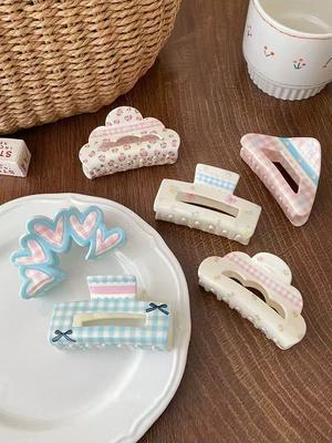 1 ks Kórejský sladký a dievčenský kvetinový kockovaný mašličkový klip na vlasy akrylový žraločí klip zadná časť hlavy pan vlasová sponka vlasová ozdoba