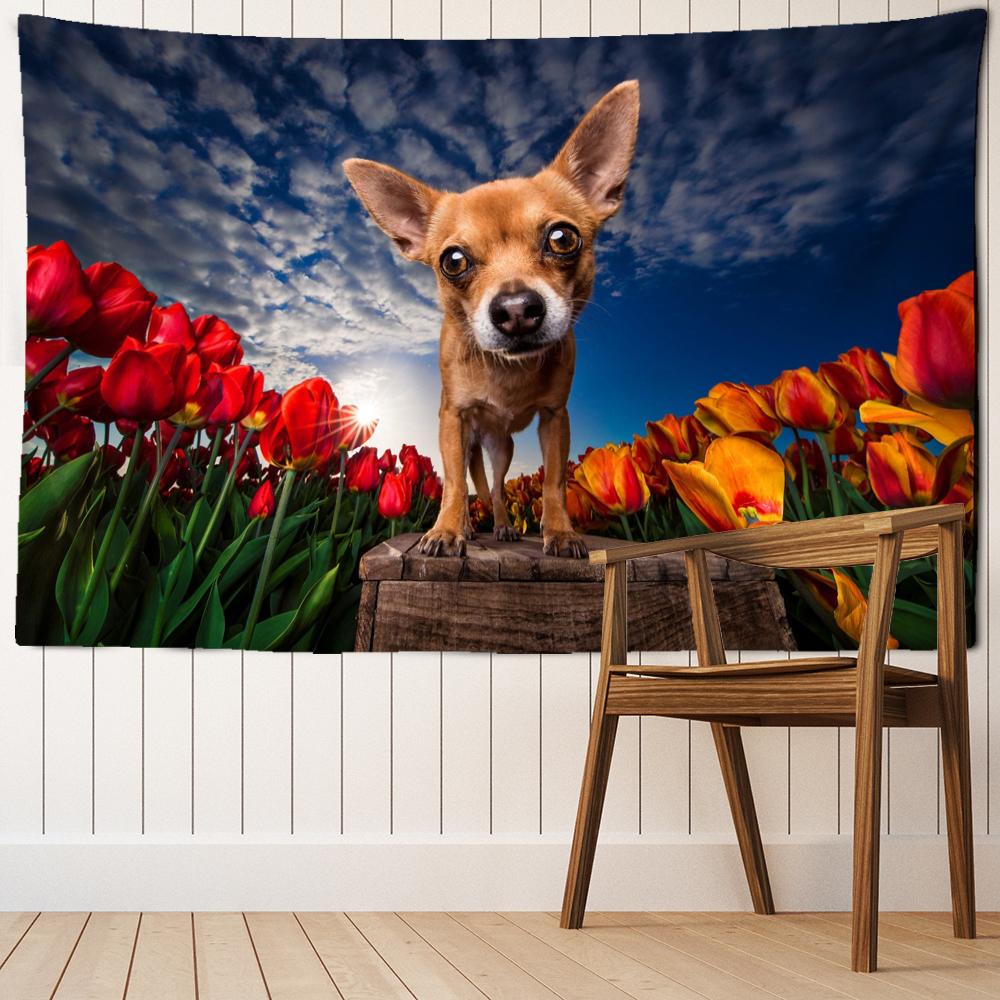 

Гобелен с изображением щенка, цветка и моря, настенный подвесной гобелен с животными, хиппи, тапиз, Kawaii, художественный минималистичный декор для детской комнаты 95x70cm