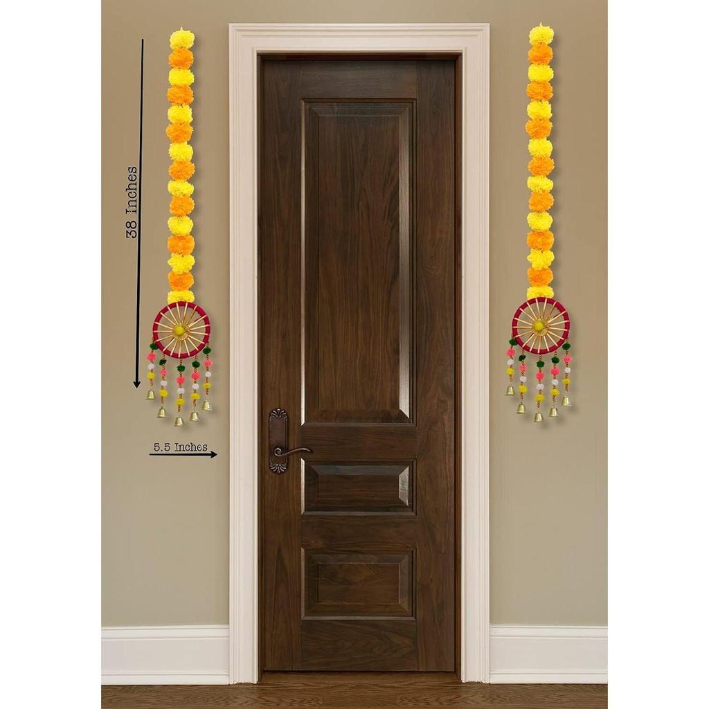 Handmade Marigold Fluffy Flowers with Ring Bell Hanging Latkan Toran For Home, Festival, Wedding, Temple Pooja Room Decoration (Pack of 6)