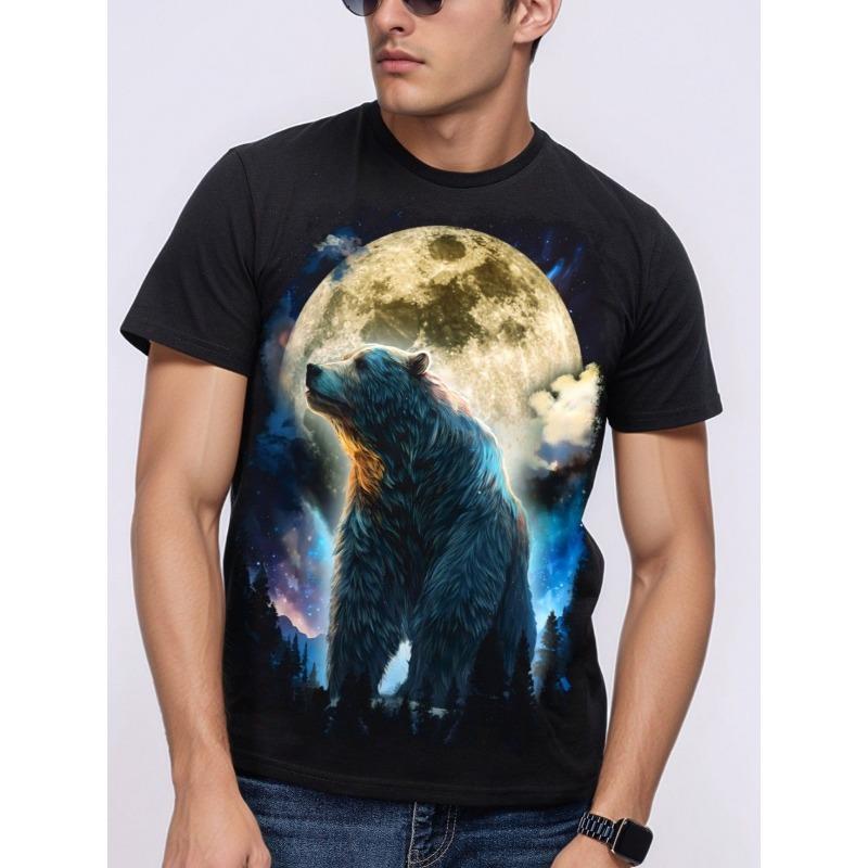 Summer Men's Short-Sleeve T-Shirt Brown Bear Landscape Pattern Print Lightweight Durable Hiking Casual Attire Casual Man Clothes