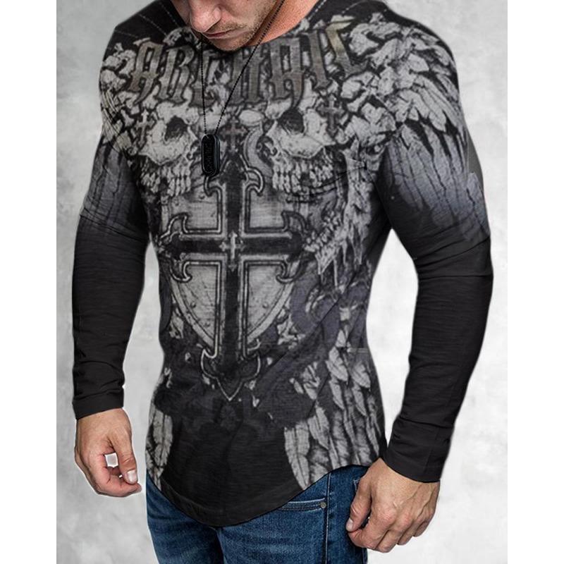 Frühling Herbst Mode Trendiges Herren Langarm Totenkopf Tier Bedrucktes T-Shirt Herren T-Shirts
