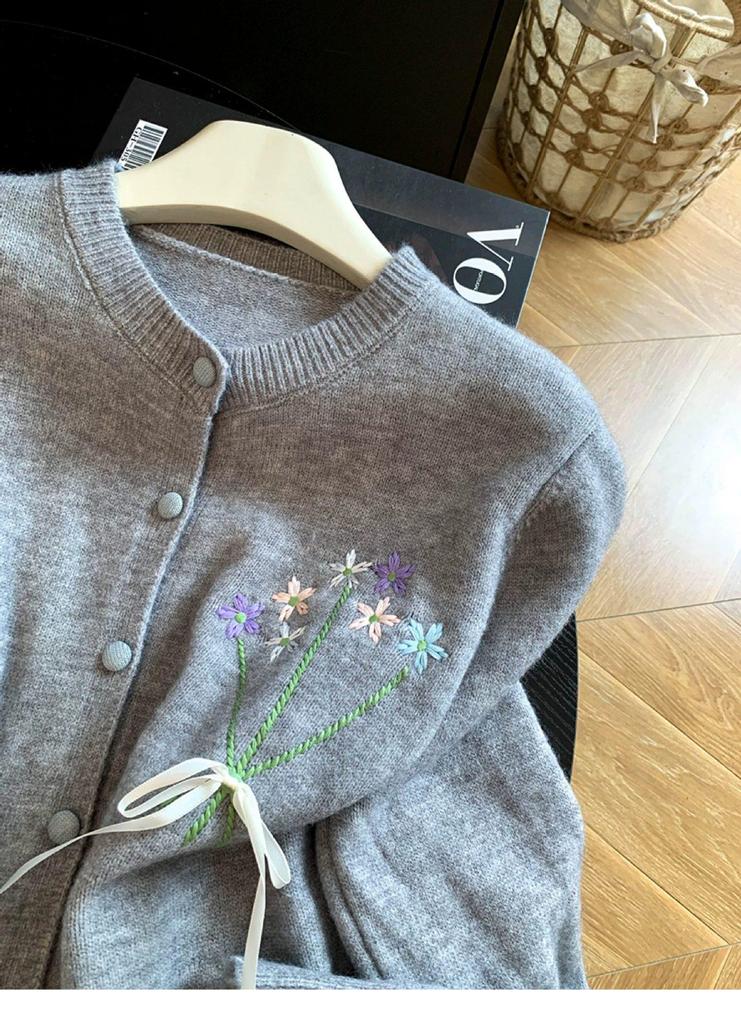 Women's Blue Floral Knit Cardigan - Round Neck, Bow Tie, Lace-Up Details, Elegant Early Autumn Style