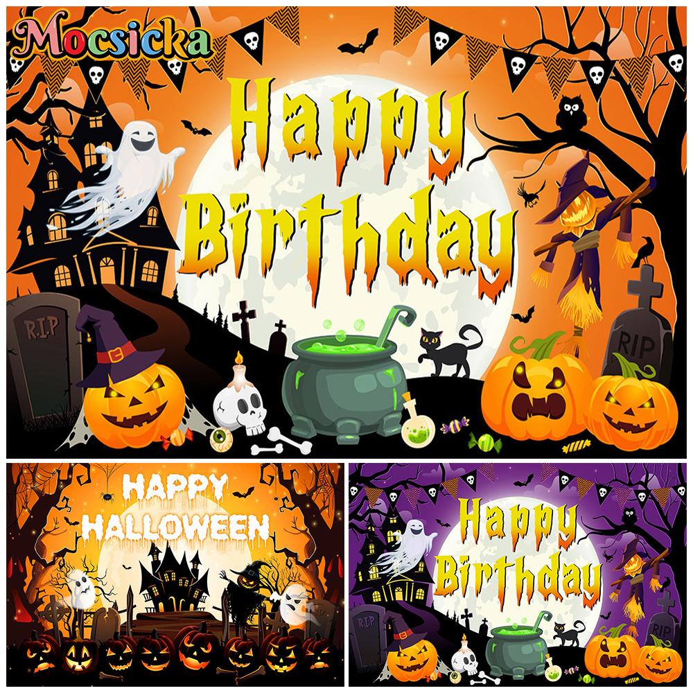 Mocsicka Halloween Happy Birthday Photography Backdrop Haunted House Pumpkin Background Cloth Kid Party Photo Booth Studio Decor
