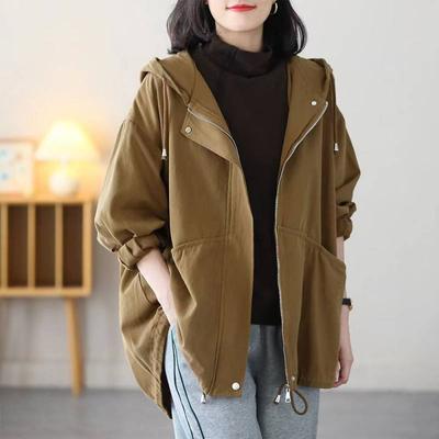 Diman Women Length Windbreaker Autumn Women's Large Irregular Spring Korean Loose Hooded Fashion Yellow Black Open Stitch Plus Size