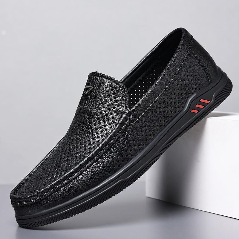 Men's shoes summer breathable thin hollow mesh white beanie shoes men's soft sole one pedal leather shoes