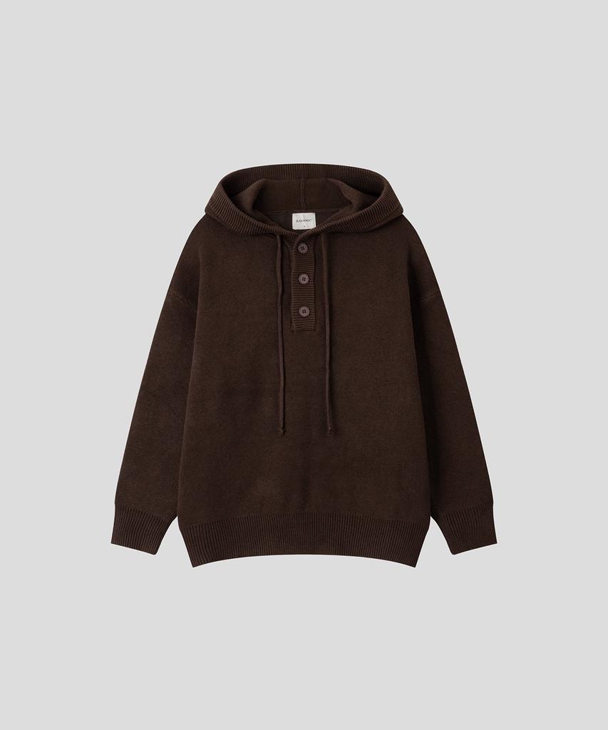 BLACK MOMENT Soft Touch Henley Neck Hooded Knit [Brown]