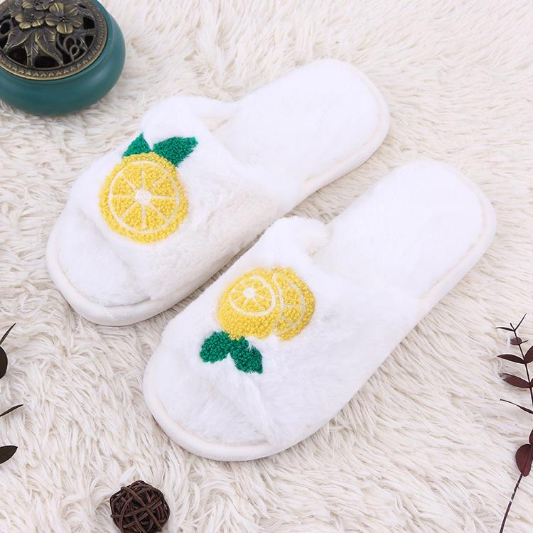 Autumn Winter Plush Lemon White Non-slip Cotton Slippers - Cartoon Design