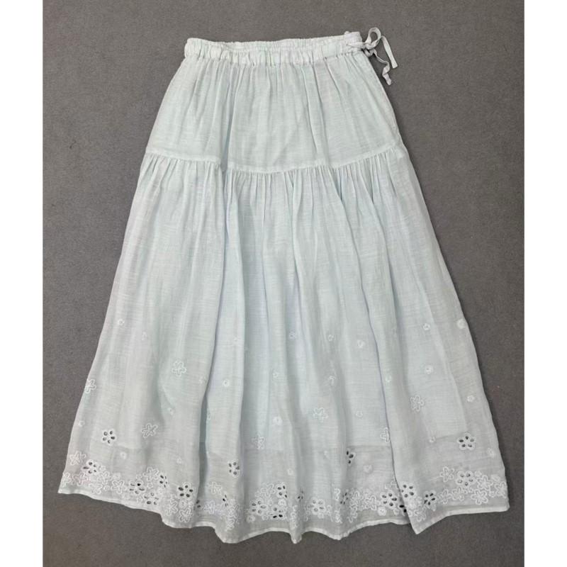 Johnature Summer French Embroidery Three-dimensional Flower Skirt Women Vintage Ramie Elastic Waist Skirts