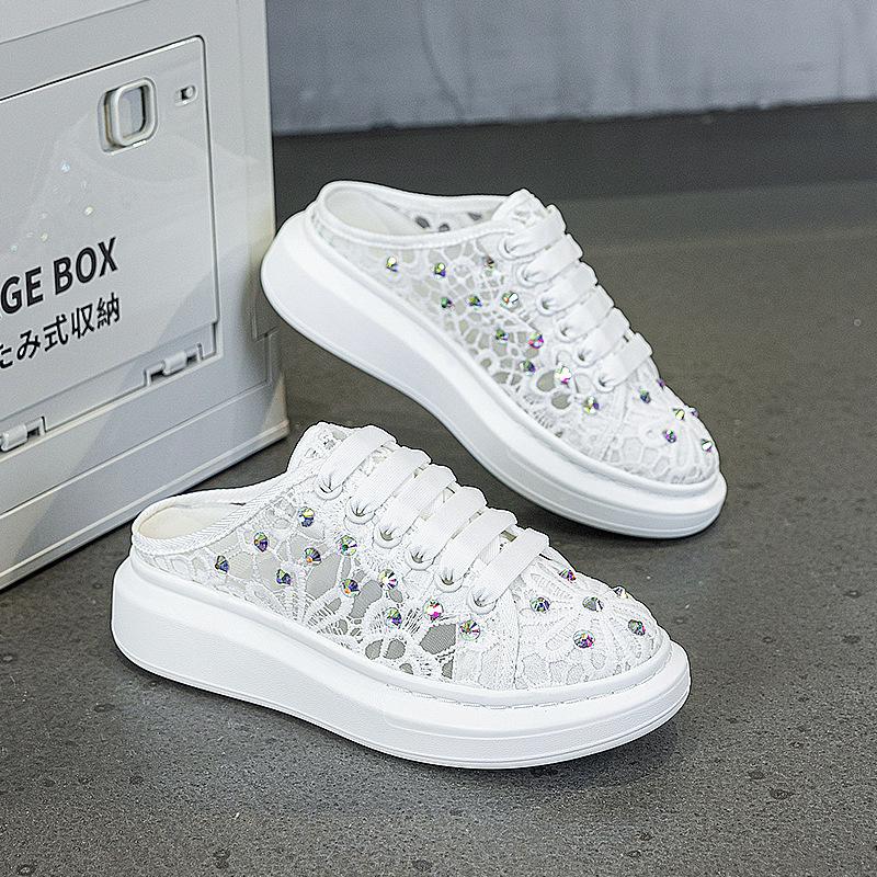 thick-soled lace rhinestone baotou half slippers women's summer new breathable casual sports little white board shoes slippers