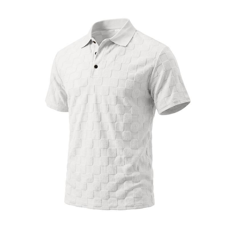 Mens Casual Check Jacquard Short Sleeve Collared Polo Shirt Breathable Loose Summer T-Shirt