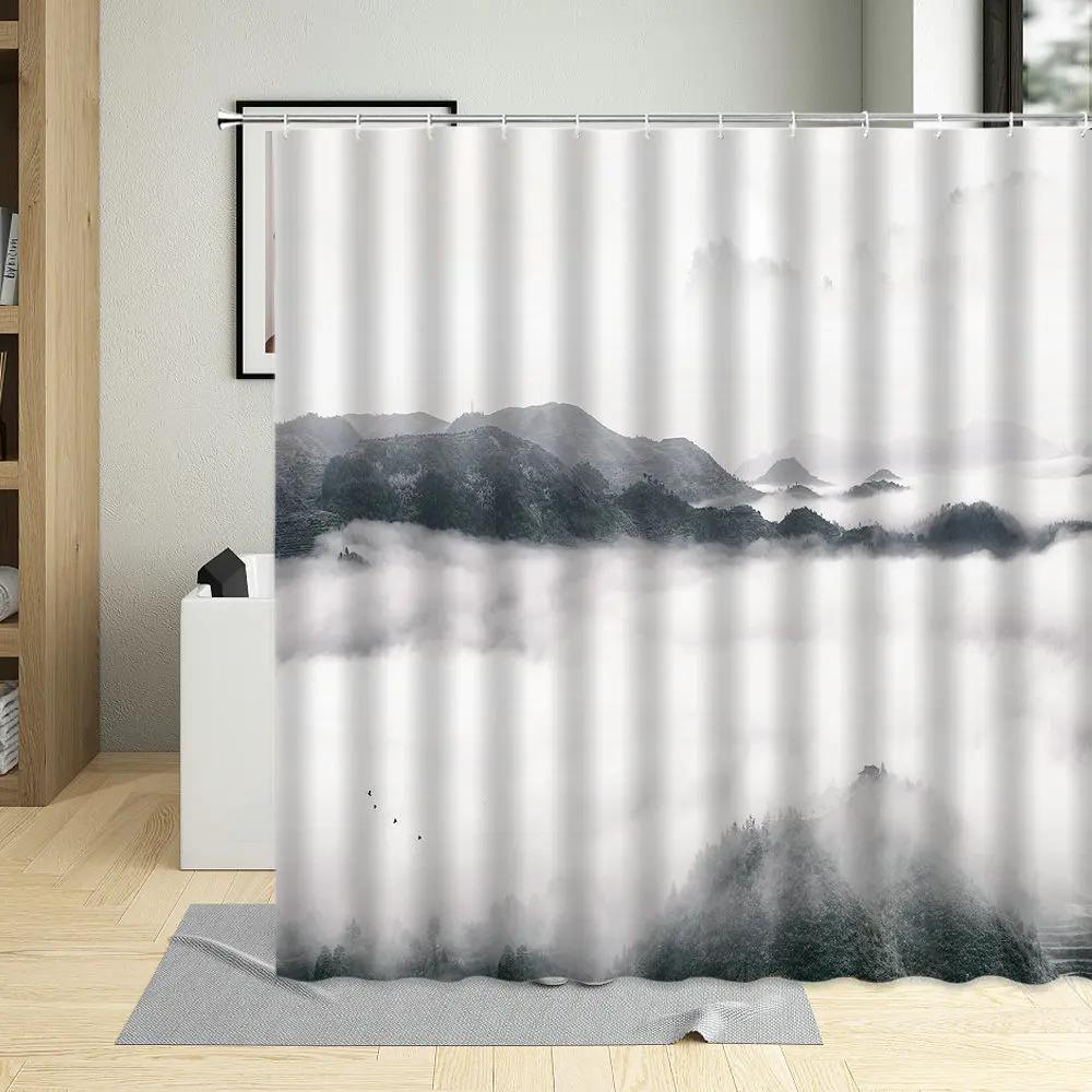 Chinese Style Shower Curtain Ink Painting Mountain Bird Flower Plant Bamboo Scenery Bathroom Hanging Curtain Set Polyester Cloth