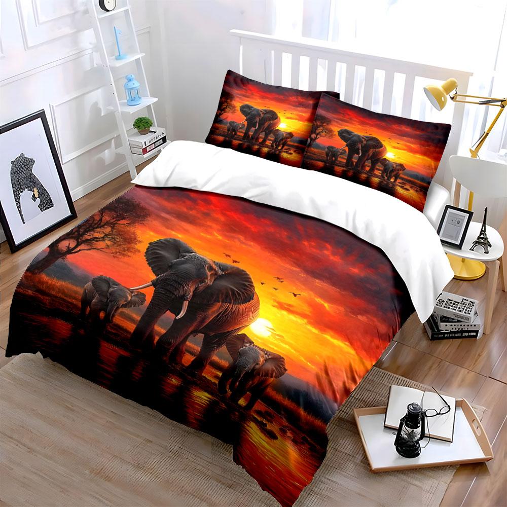 3Pcs African Scenery Elephant Herd At Sunset Print Bedding Set 1 Duvet Cover 2 Pillowcases For Adult And Children Luxury Gift