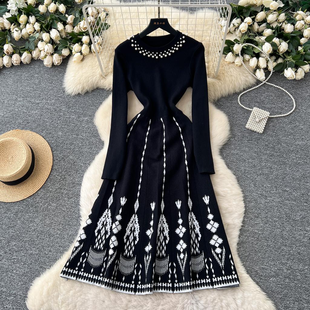 Mode Druck Strickwaren Pulloverkleid Damen Diamanten O-Ausschnitt Elastisches Slim Design 2025 Herbst Warm Französisch OL Lange Kleider