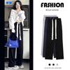 Women's Trendy High-Waist Black Drawstring Wide-Leg Trousers for Spring & Autumn