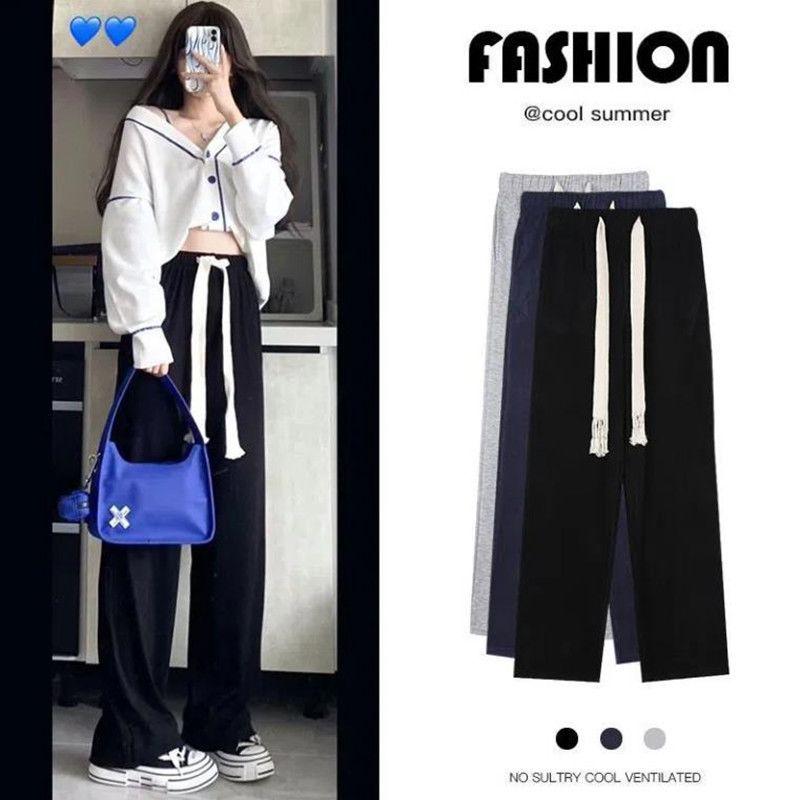 Women's Trendy High-Waist Black Drawstring Wide-Leg Trousers for Spring & Autumn