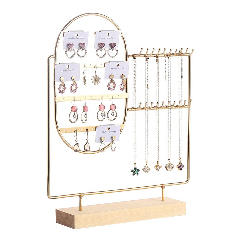 Jewelry Display Stand Iron Earrings Rings Bracelet Necklace Storage Rack With Wood Base Desktop Jewellery Organizer