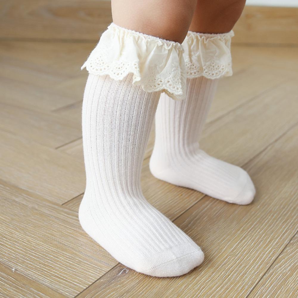 Non Slip Dots Kids Mid Calf Socks Lace Trim Girls Socks Cute Baby Socks Toddler Walking