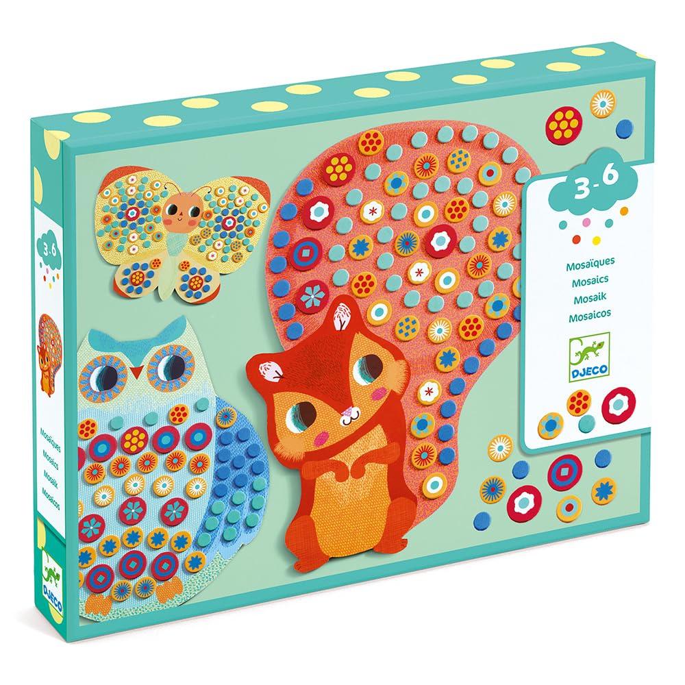 DJECO Mosaic Cute Animal Sticker Craft Mosaic Art Animal Educational Montessori Toy for Ages and Boys and Gift for Sports and Long Autumn Nights Kit,